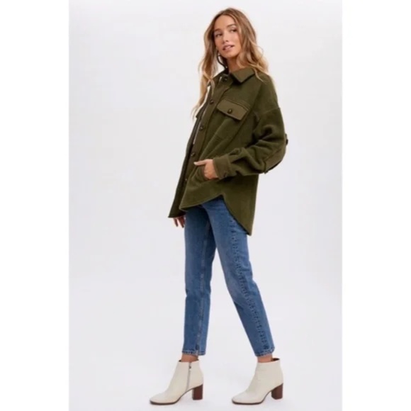 Olive Green Button Front Fleece Jacket W/ Elbow Patches & Pockets Winter Shacket - Picture 6 of 6